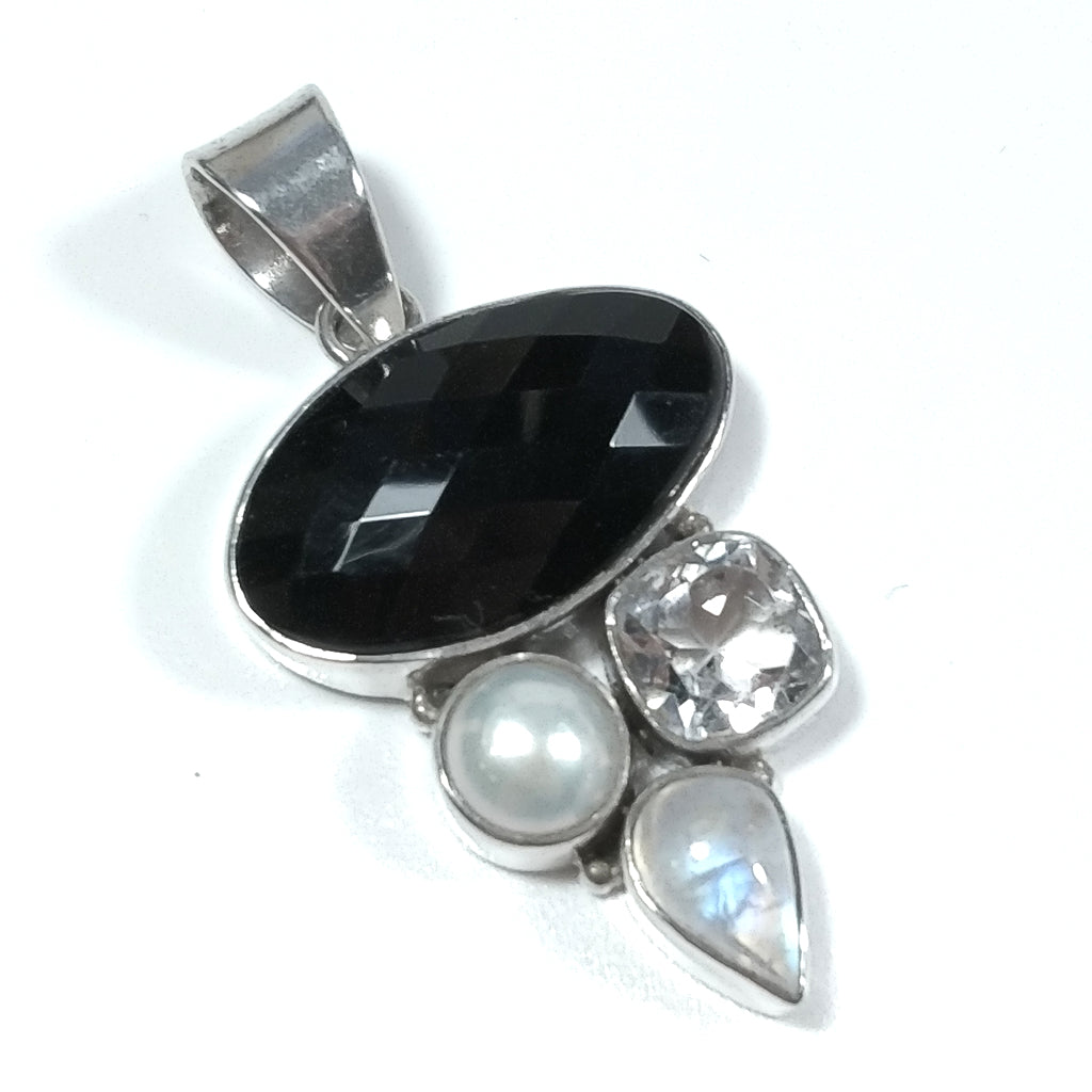 Ciondolo con pietra in argento 925 con Pietra di Luna Cristallo di rocca Onice nero | GIOIELLI IN ARGENTO