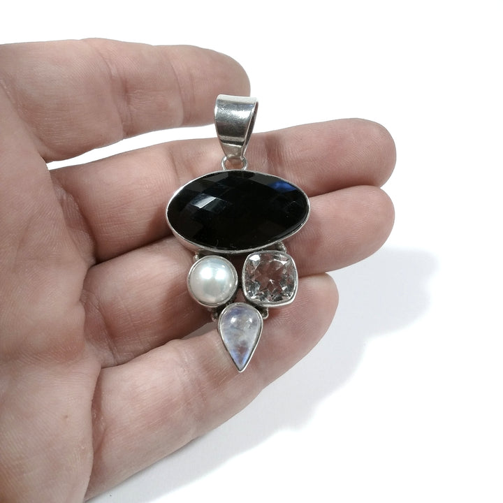 Ciondolo con pietra in argento 925 con Pietra di Luna Cristallo di rocca Onice nero | GIOIELLI IN ARGENTO