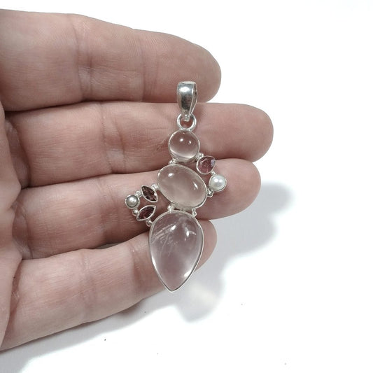 Ciondolo artigianale in argento 925 con Quarzo rosa Granato Perla | GIOIELLI IN ARGENTO