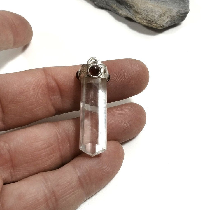 Pendant with brass stone Handcrafted pendant Rock crystal and garnet | JEWELRY WITH STONES