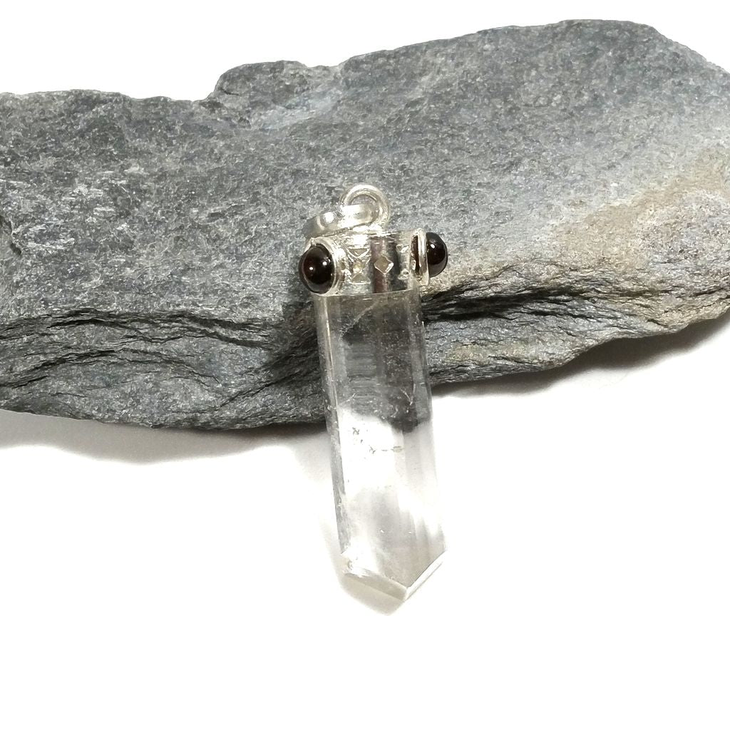 Pendant with brass stone Handcrafted pendant Rock crystal and garnet | JEWELRY WITH STONES