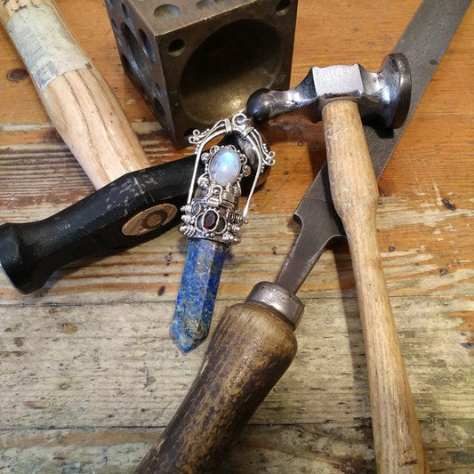 Ciondolo artigianale in argento 925 Ciondolo artigianale Lapislazzuli, Pietra di Luna | GIOIELLI ETNICI | Pendolo porta veleno