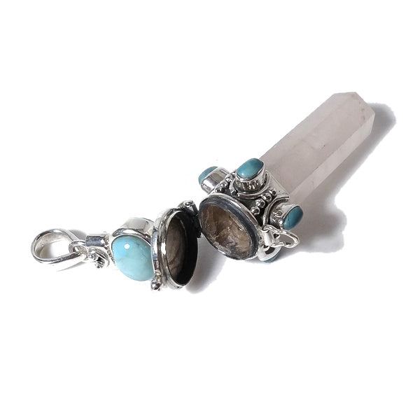 Ciondolo artigianale in argento 925 Ciondolo artigianale Larimar, Quarzo rosa | GIOIELLI ETNICI | Pendolo porta veleno