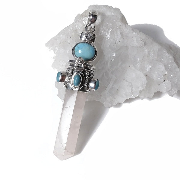 Ciondolo artigianale in argento 925 Ciondolo artigianale Larimar, Quarzo rosa | GIOIELLI ETNICI | Pendolo porta veleno