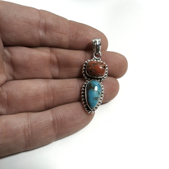 Ciondolo turchese e corallo argento 925 | Ciondolo con pietra | Gioielli argento