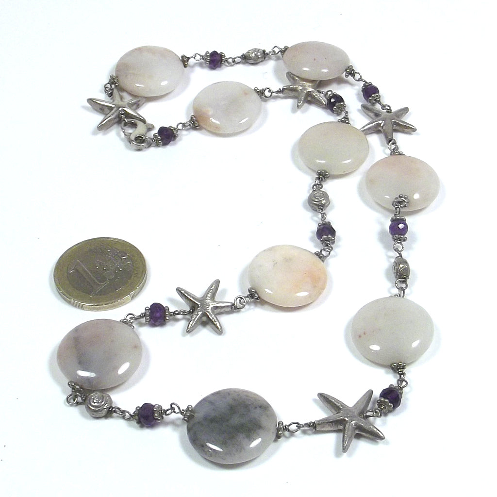 Necklace with PINK AGATE and starfish in 925 silver