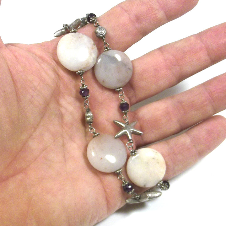 Necklace with PINK AGATE and starfish in 925 silver