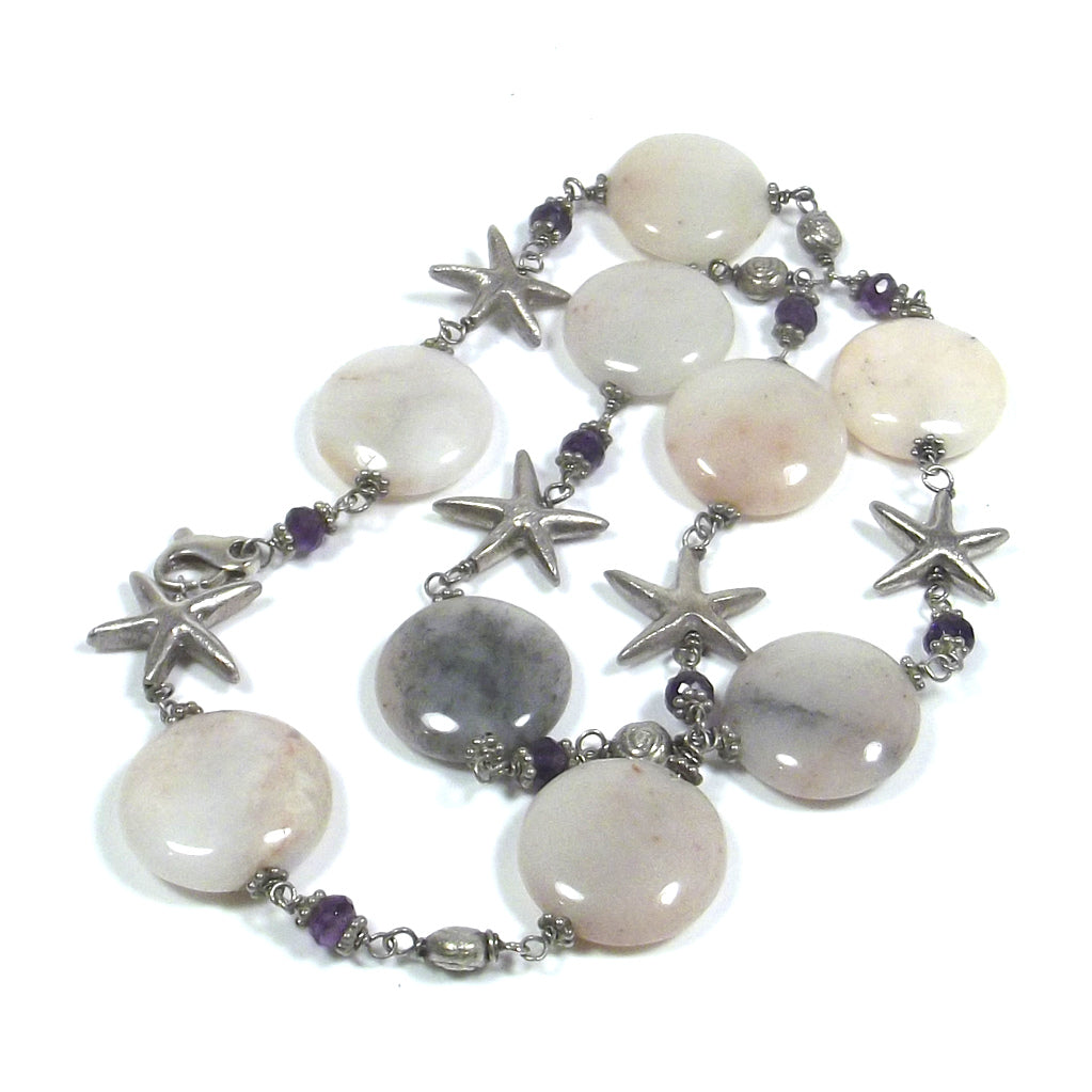 Necklace with PINK AGATE and starfish in 925 silver