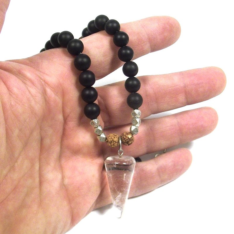 ETHNIC NECKLACE with satin onyx - rudraksha and ETHNIC silver - MEN WOMEN