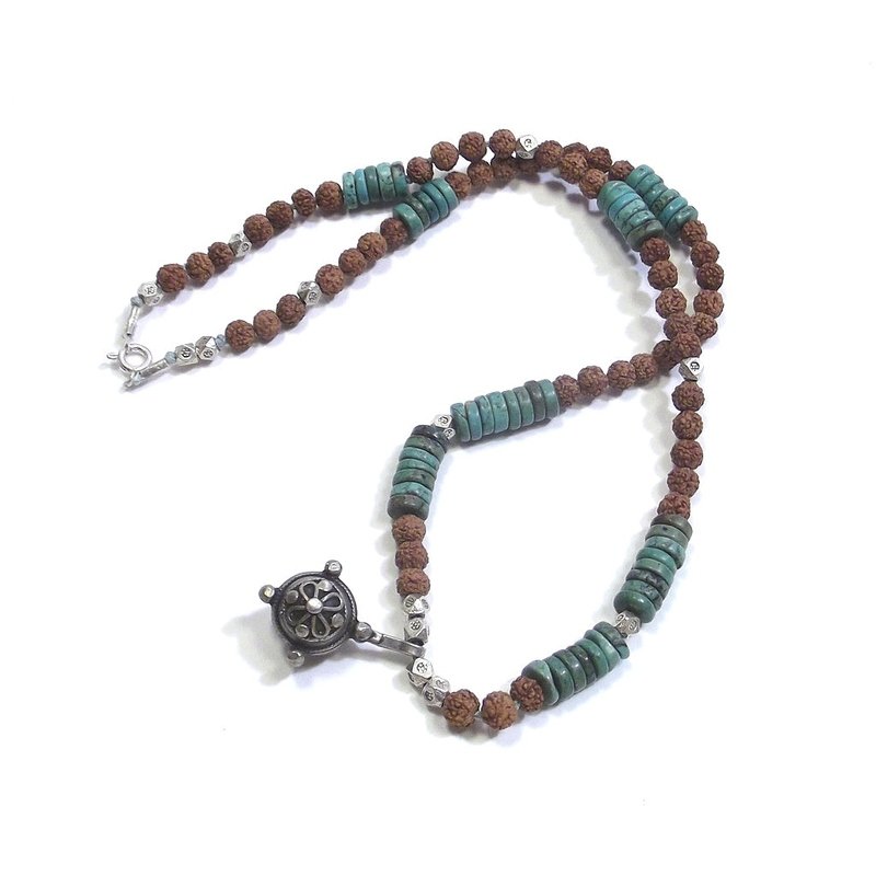ETHNIC NECKLACE with turquoise - rudraksha and antique silver - MEN WOMEN