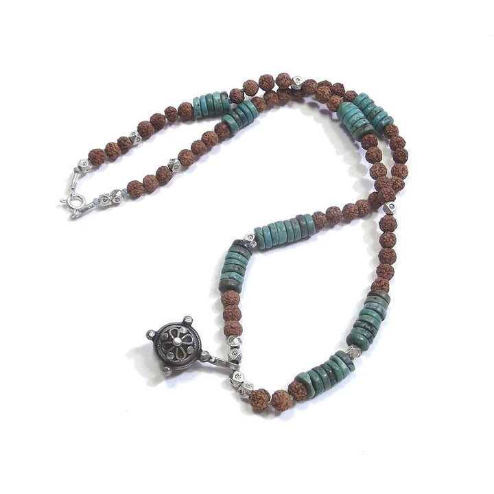 ETHNIC NECKLACE with turquoise - rudraksha and antique silver - MEN WOMEN