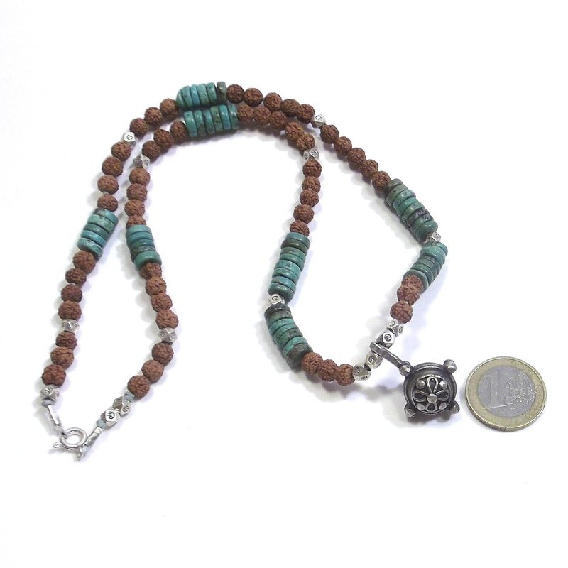 ETHNIC NECKLACE with turquoise - rudraksha and antique silver - MEN WOMEN