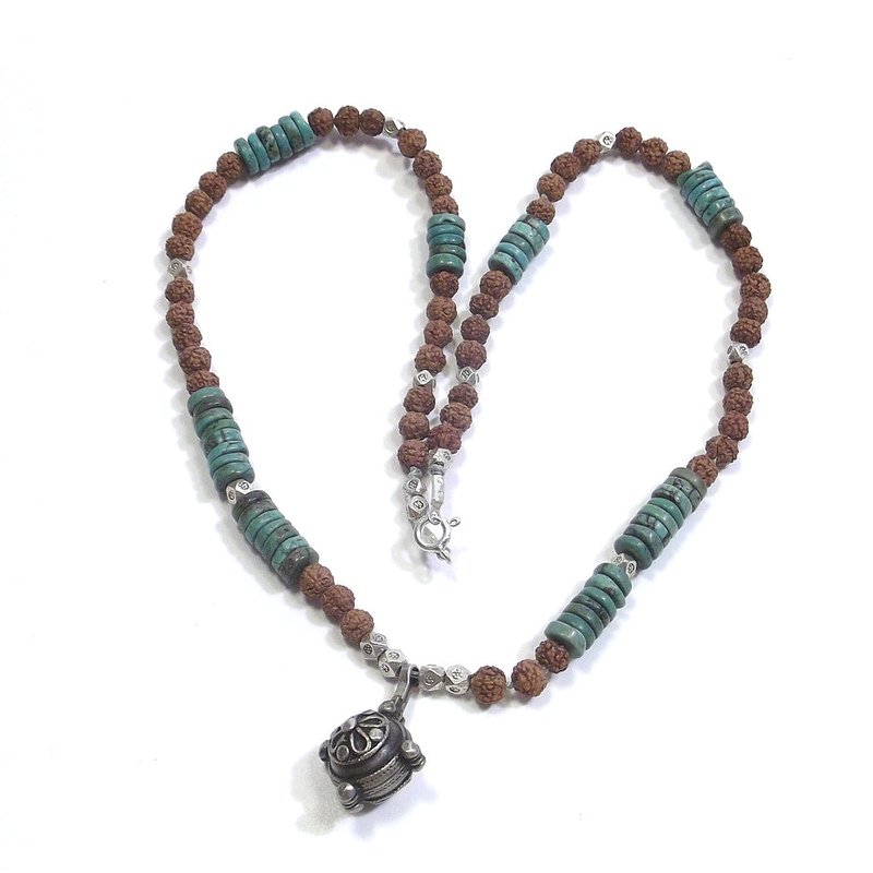 ETHNIC NECKLACE with turquoise - rudraksha and antique silver - MEN WOMEN