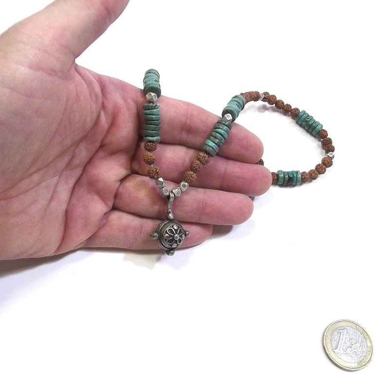ETHNIC NECKLACE with turquoise - rudraksha and antique silver - MEN WOMEN