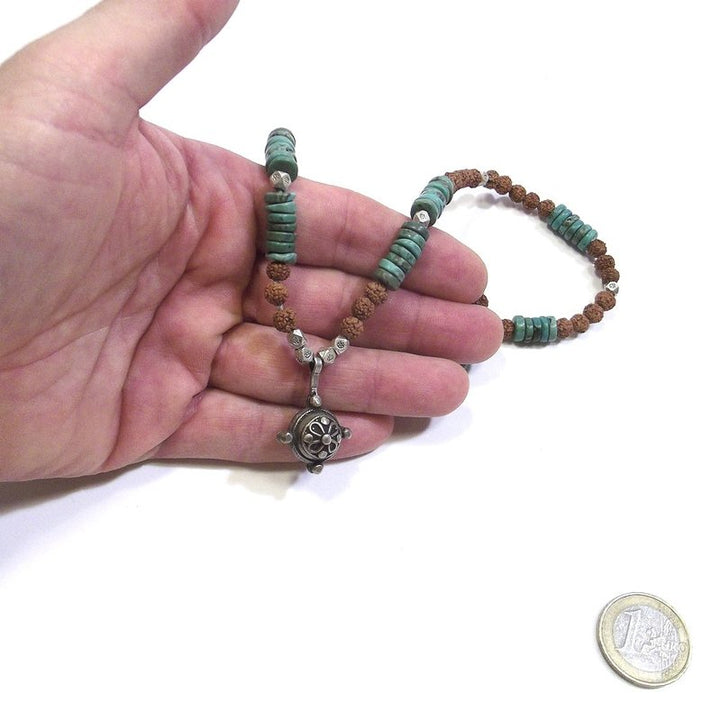 ETHNIC NECKLACE with turquoise - rudraksha and antique silver - MEN WOMEN