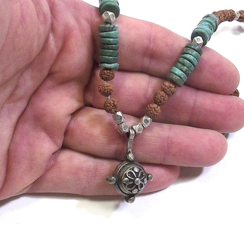 ETHNIC NECKLACE with turquoise - rudraksha and antique silver - MEN WOMEN