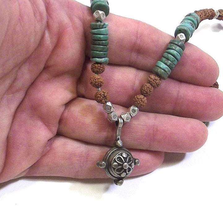 ETHNIC NECKLACE with turquoise - rudraksha and antique silver - MEN WOMEN