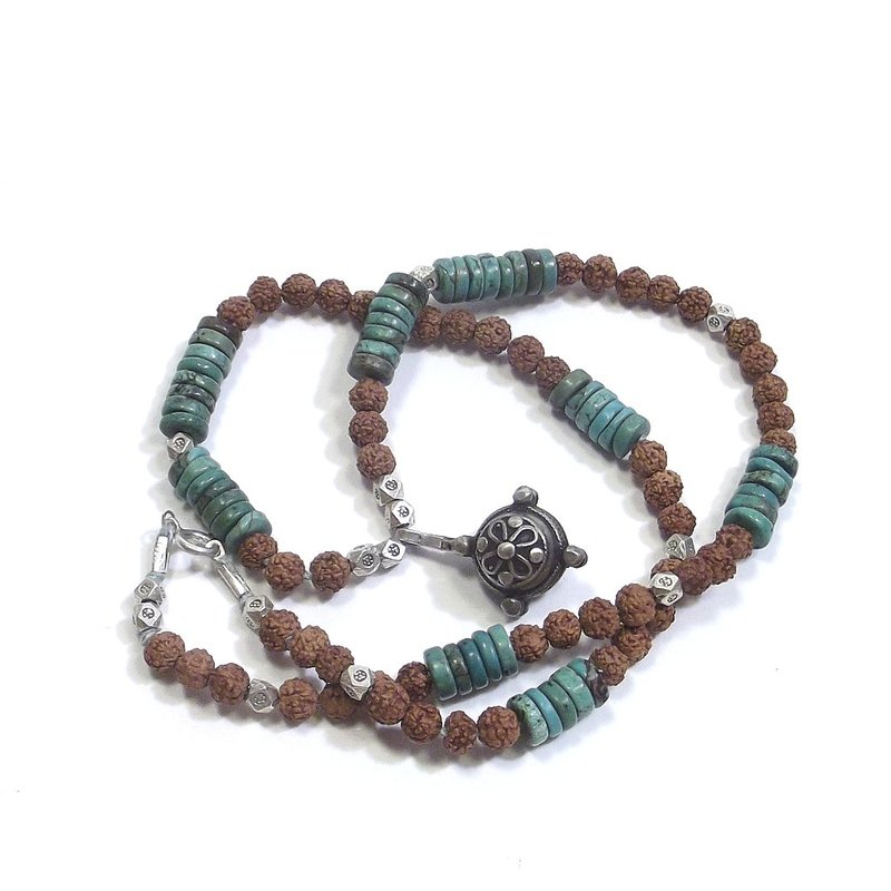 ETHNIC NECKLACE with turquoise - rudraksha and antique silver - MEN WOMEN