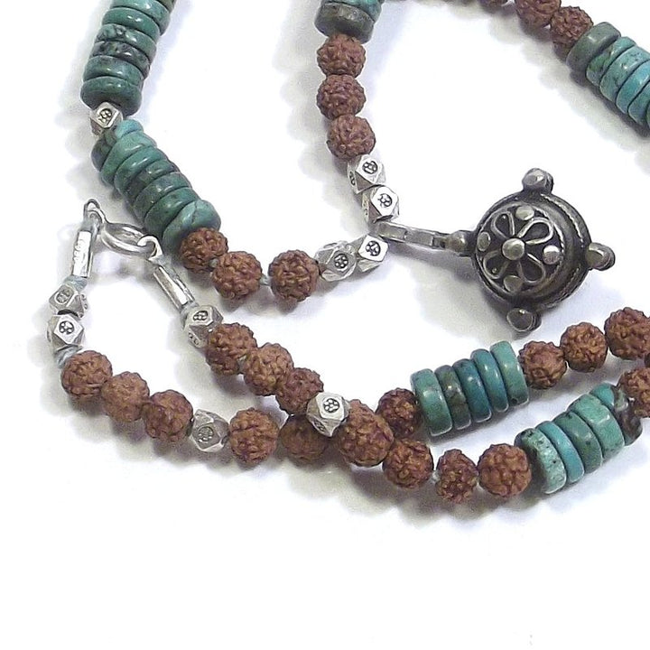 ETHNIC NECKLACE with turquoise - rudraksha and antique silver - MEN WOMEN