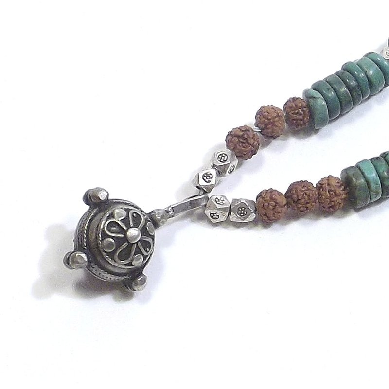 ETHNIC NECKLACE with turquoise - rudraksha and antique silver - MEN WOMEN