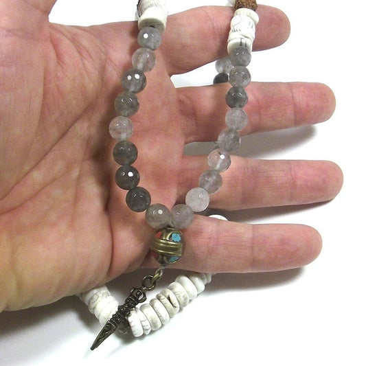 Collana Etnica Japa Mala - quarzo rutilato | conchiglia fossile NAGA - PHURBA – immagine2