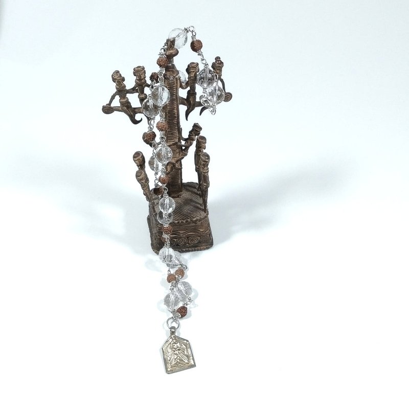 ETHNIC JAPA MALA in 925 silver Handcrafted necklace Rock crystal, Rudraksha