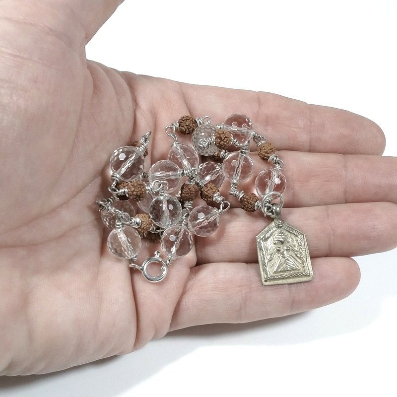 Collana ETNICA in argento 925 Collana artigianale Cristallo di rocca , Rudraksha | JAPAMALA
