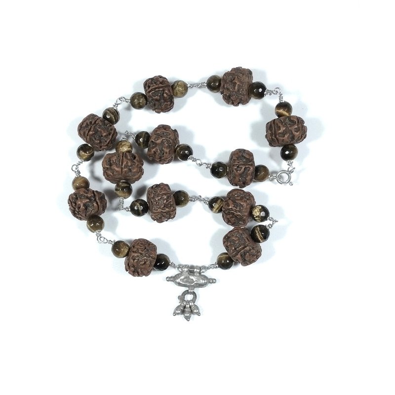 Collana ETNICA in argento 925 Collana artigianale Occhio di Tigre , Rudraksha | JAPAMALA