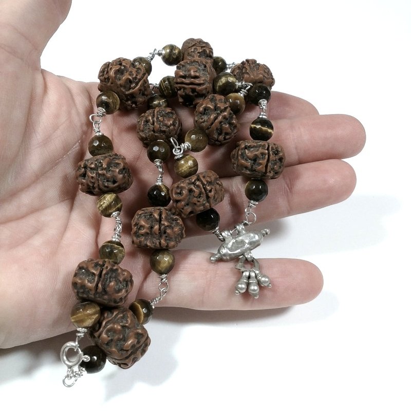 Collana ETNICA in argento 925 Collana artigianale Occhio di Tigre , Rudraksha | JAPAMALA