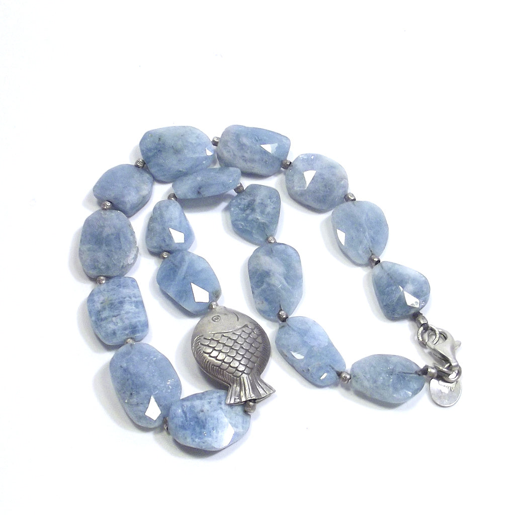 ETHNIC NECKLACE with silver fish and AQUAMARINE