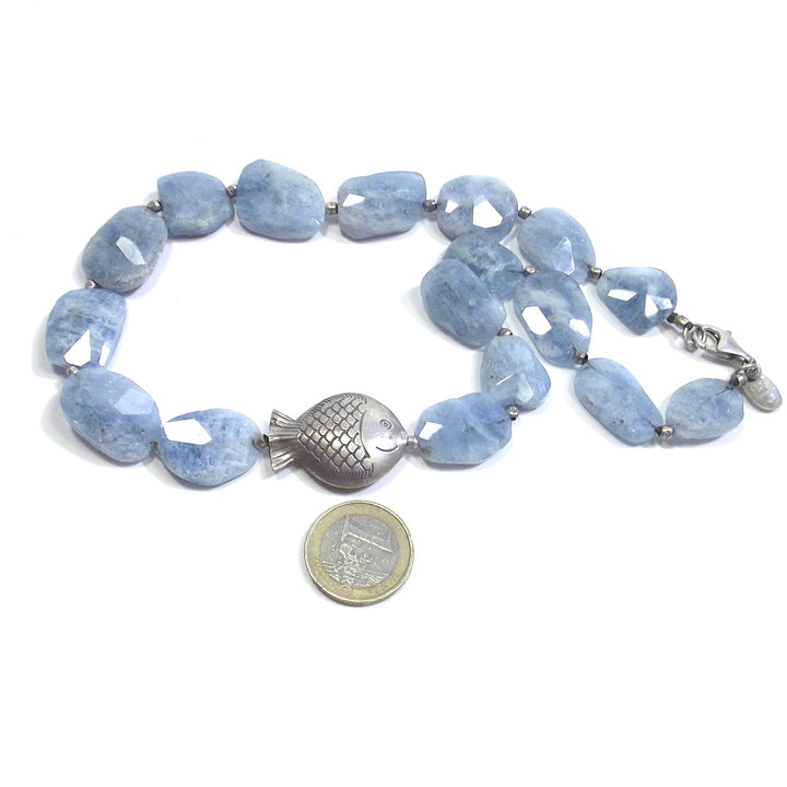 ETHNIC NECKLACE with silver fish and AQUAMARINE