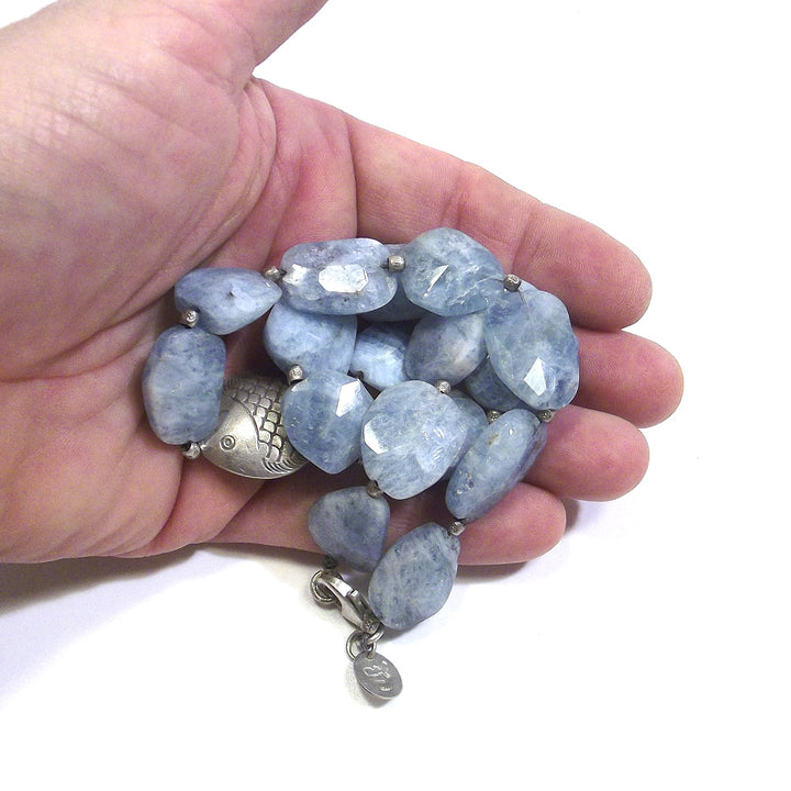 COLLANA ETNICA con pesce d'argento e ACQUAMARINA