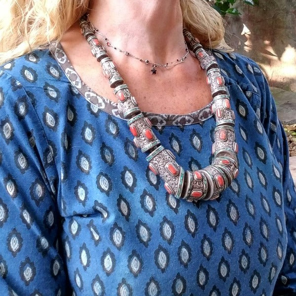 TIBETAN necklace in antique silver with red coral