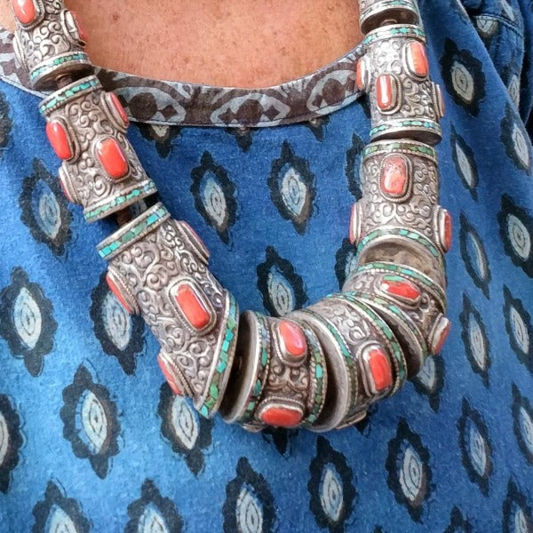 TIBETAN necklace in antique silver with red coral