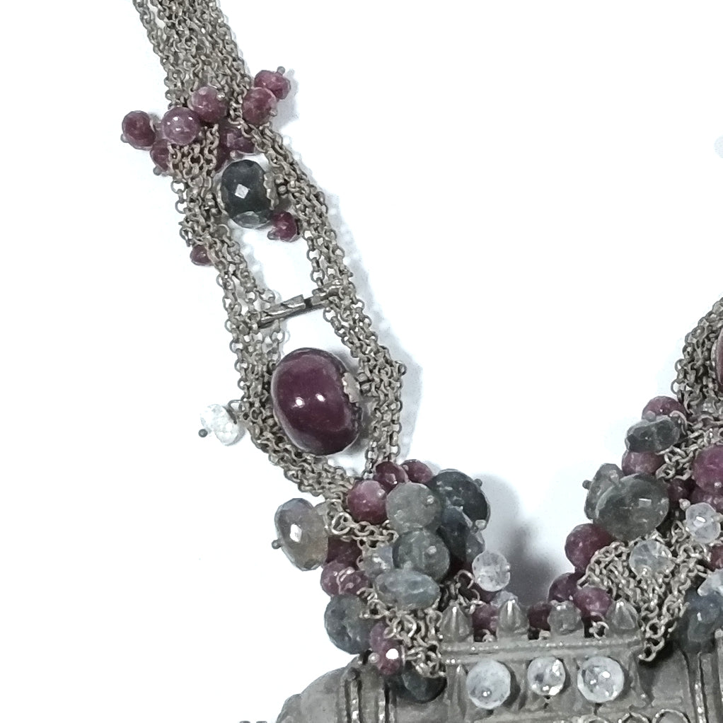 Collana etnica argento antico e RUBINO, PIETRA di LUNA | Gioielli etnici INDIA