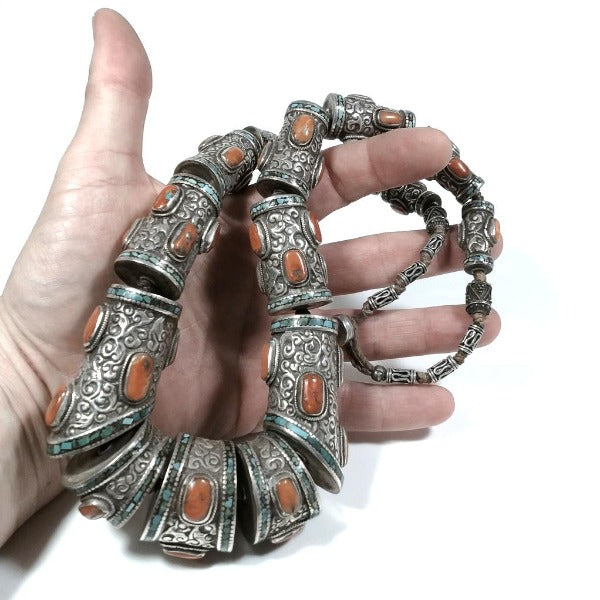 TIBETAN necklace in antique silver with red coral