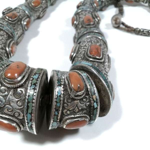 TIBETAN necklace in antique silver with red coral