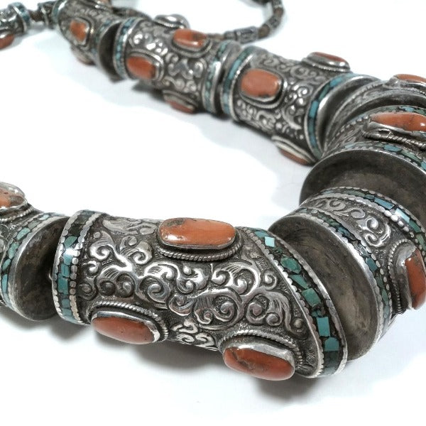 TIBETAN necklace in antique silver with red coral