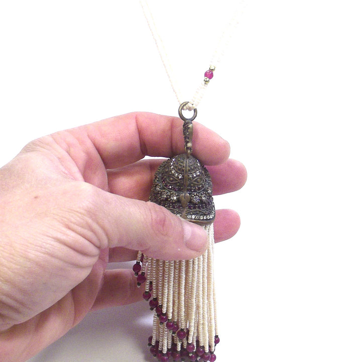 ETHNIC NECKLACE with ruby agate pearls and BRONZE zircon