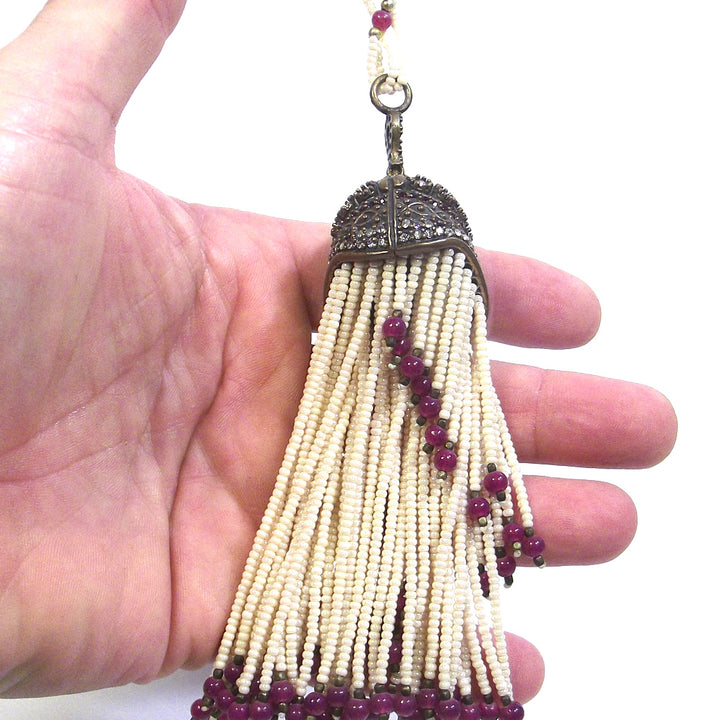 ETHNIC NECKLACE with ruby agate pearls and BRONZE zircon