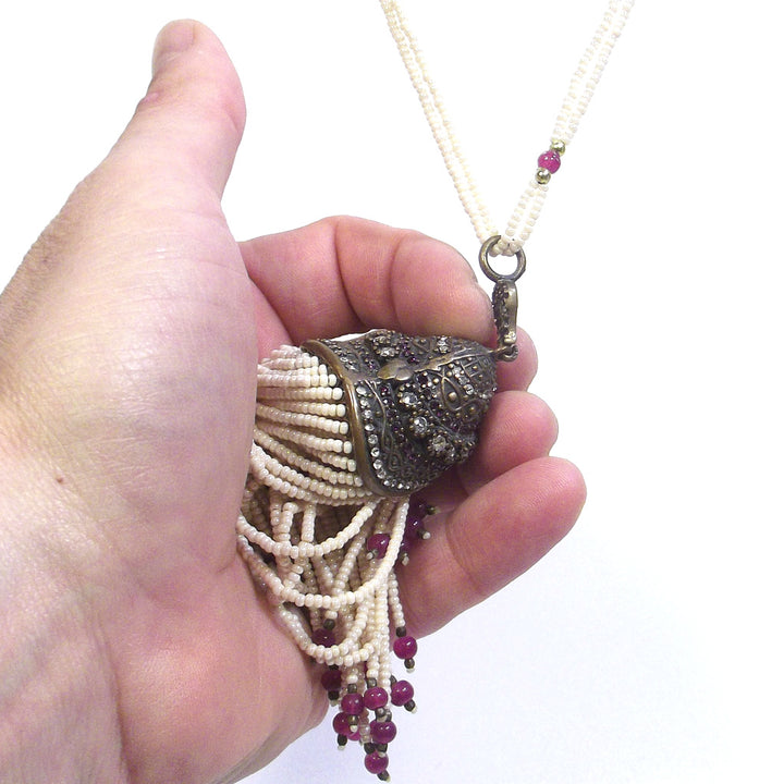 ETHNIC NECKLACE with ruby agate pearls and BRONZE zircon