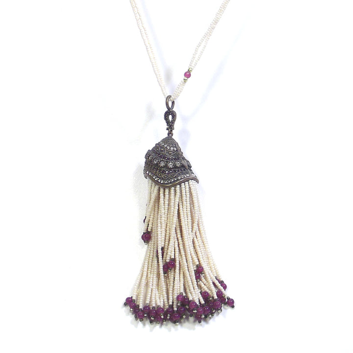 ETHNIC NECKLACE with ruby agate pearls and BRONZE zircon