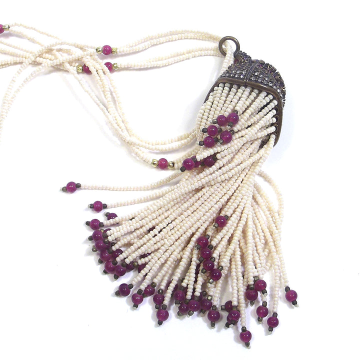 ETHNIC NECKLACE with ruby agate pearls and BRONZE zircon