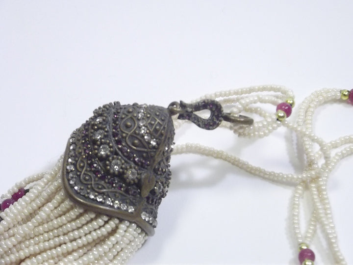 ETHNIC NECKLACE with ruby agate pearls and BRONZE zircon