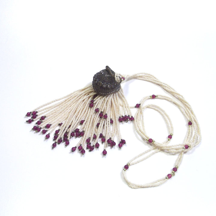 ETHNIC NECKLACE with ruby agate pearls and BRONZE zircon