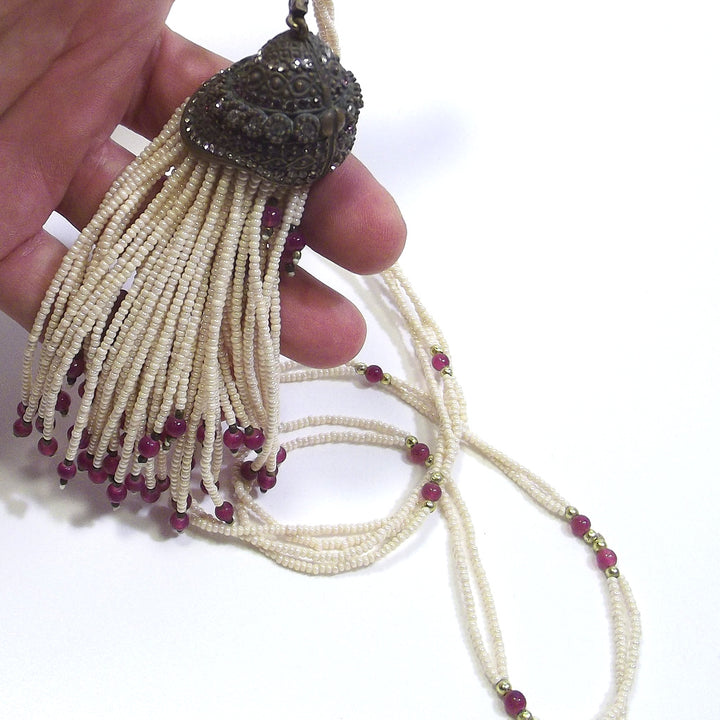 ETHNIC NECKLACE with ruby agate pearls and BRONZE zircon