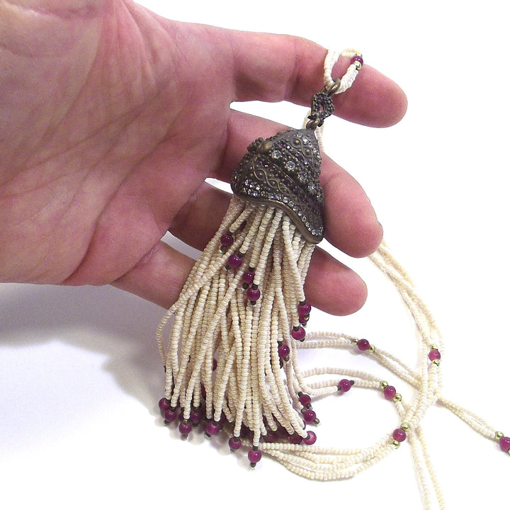 ETHNIC NECKLACE with ruby agate pearls and BRONZE zircon