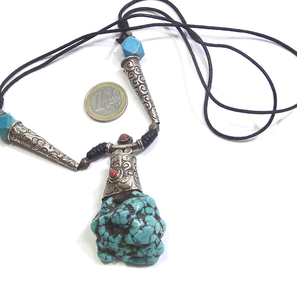 Tibetan ETHNIC NECKLACE with raw turquoise and coral