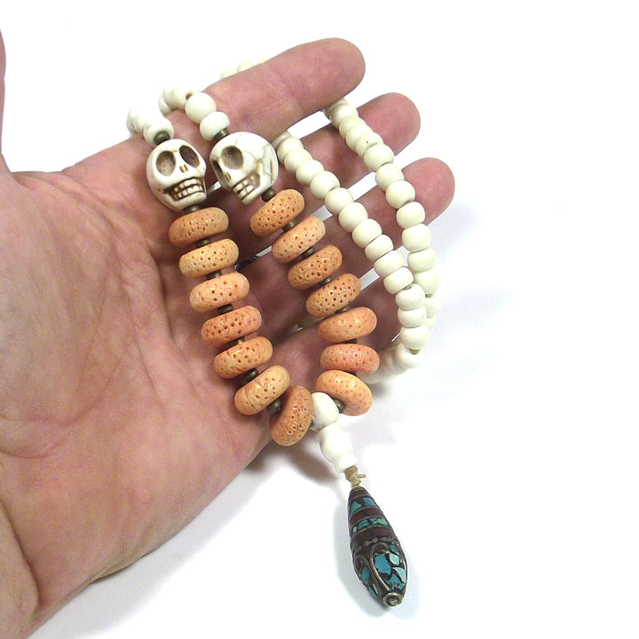 Japa Mala osso teschio e corallo fossile - LOTAN