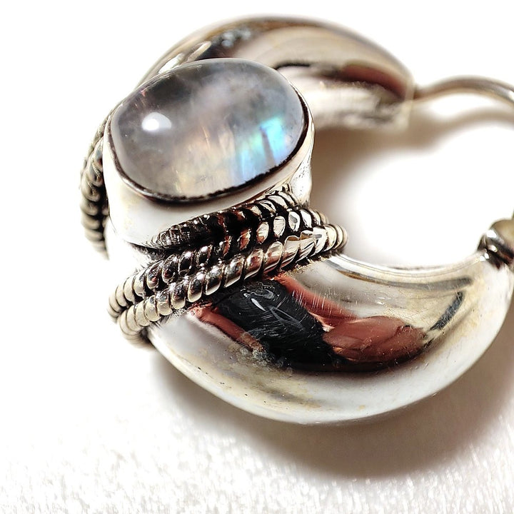 ORECCHINI bombati indiani a cerchio argento con Pietra di luna